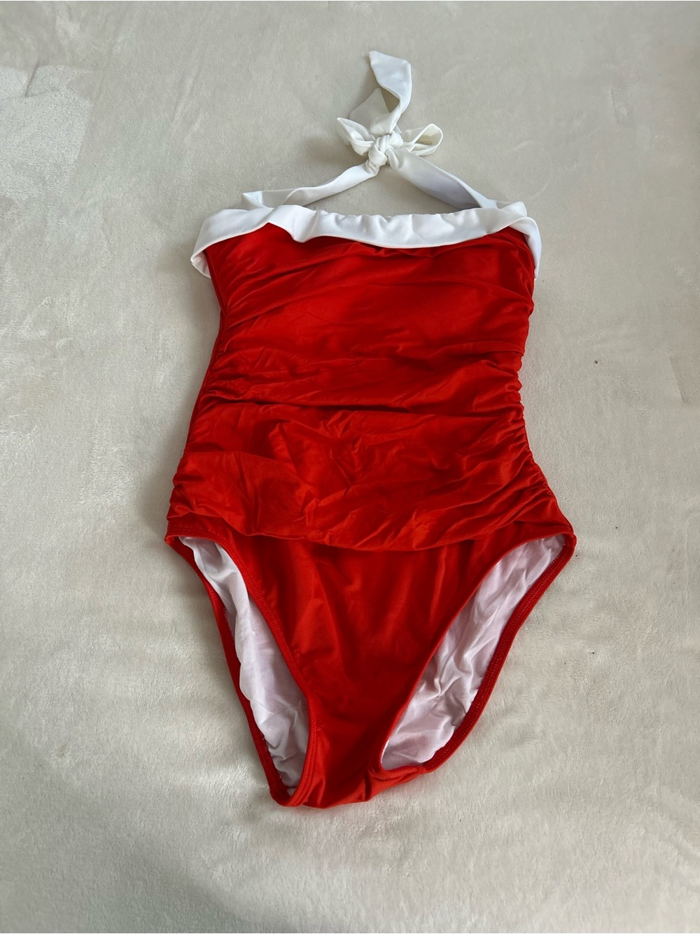 Women’s Red Halter One-Piece Swimsuit with White Trim